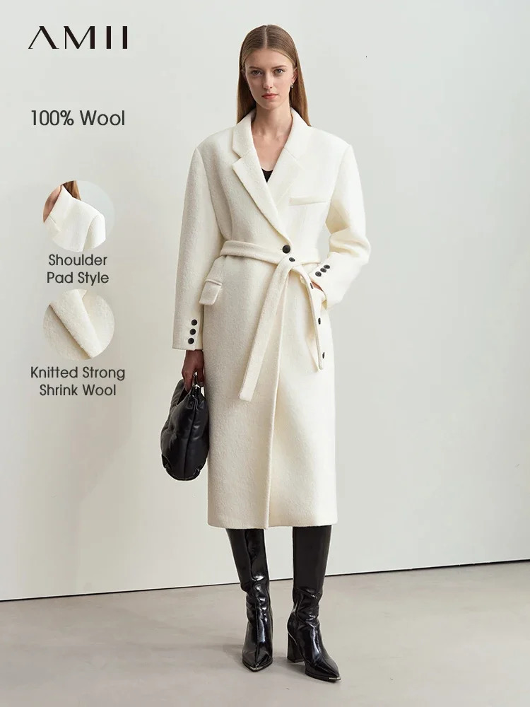Amii minimalist winter womens suit collar full wool with belt woolen jacket shoulder pads long upper coat 12424068 250805