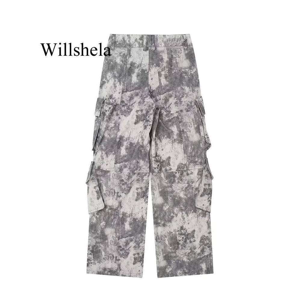 Willshela Women Fashion With Pockets Printed Front Zipper Cargo Pants Vintage High Waist Full Length Female Chic Lady Trousers