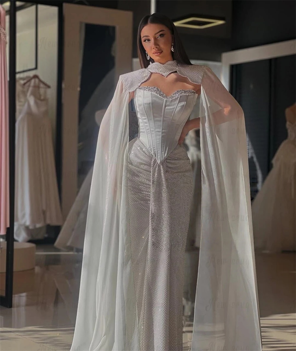 Simple Evening Dresses For Women Strapless Sleeveless Wrap Gown Sequins Sweep Train Dress Party Customized Dress
