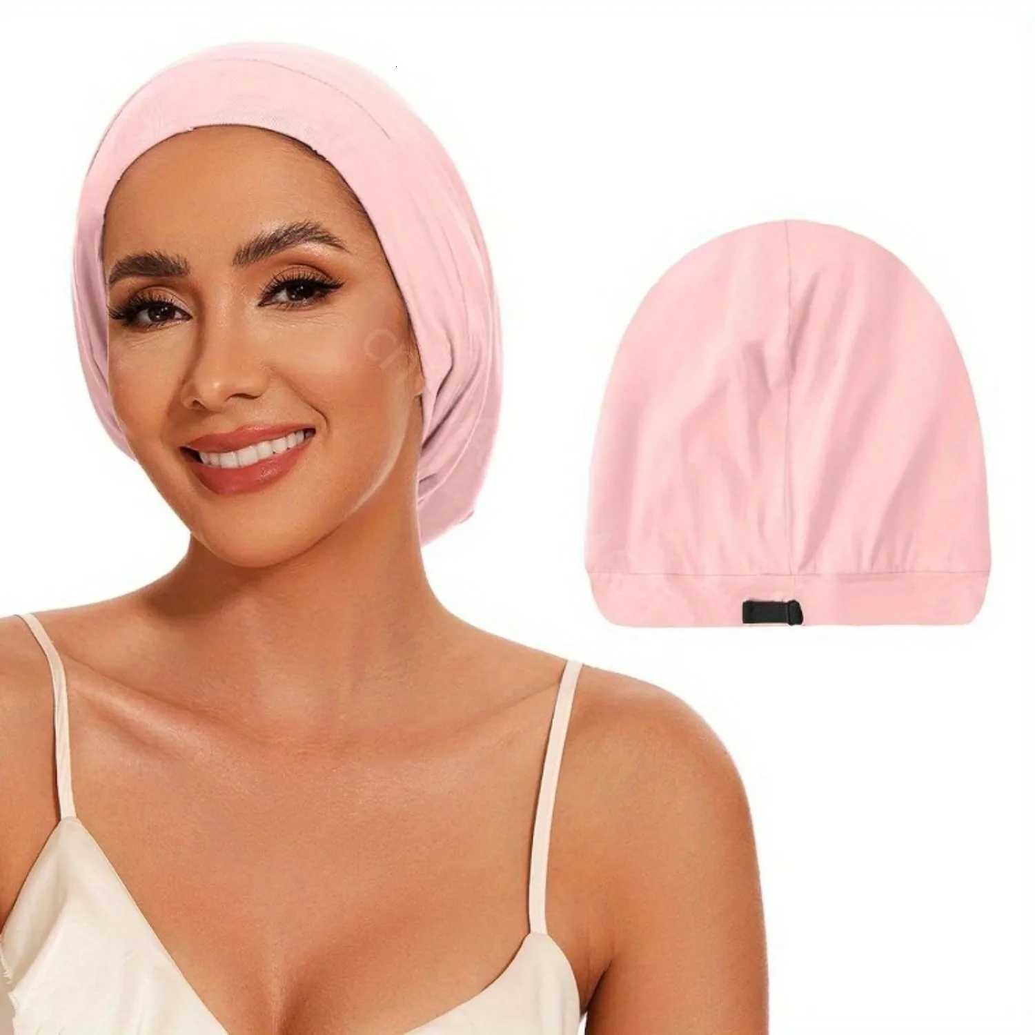 1pc Satin Bonnet for Sleeping Bonnet with Adjustable Strap for Hair Wrap Satin Lined Beanie for Women Pink Shower Cap Z250808