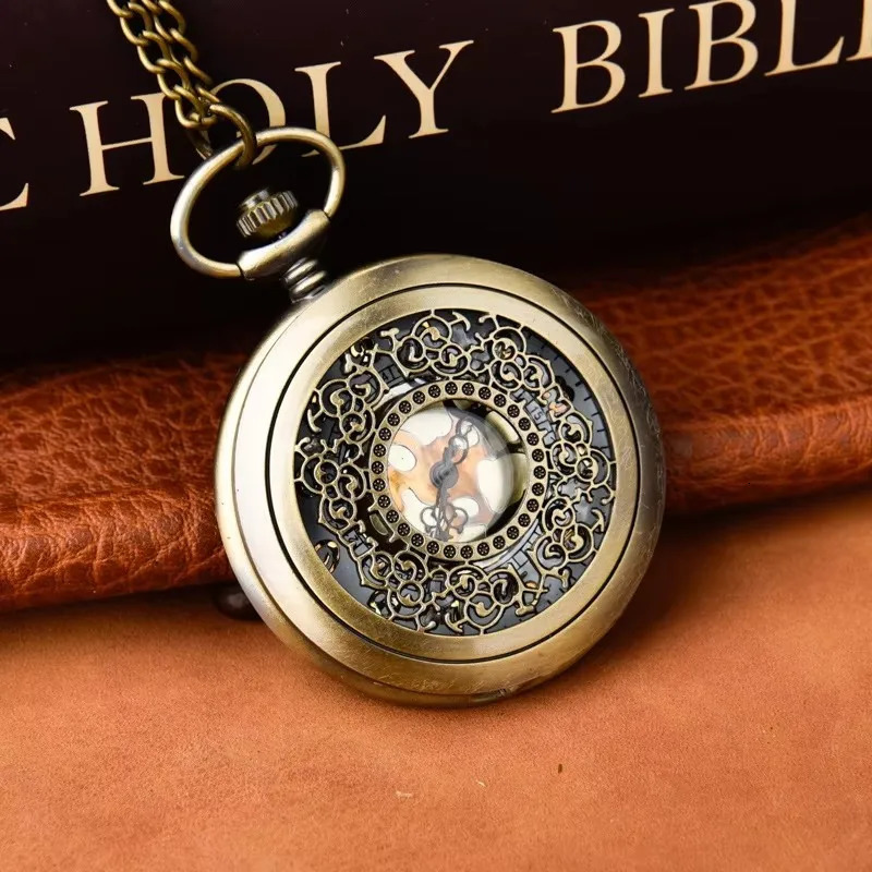 Starry Blue Dial Pendant Bronze Hollow Quartz Pocket Watch Roman Numerals Retro Watch 250807