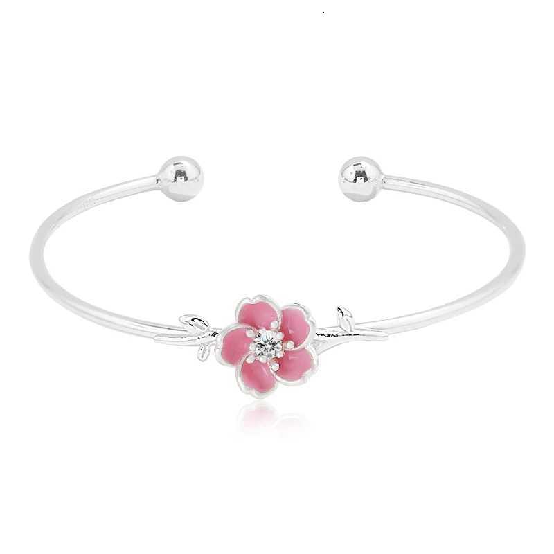 Personality New Art 925 Sterling Silver Jewelry Female Simple Bar Pink Plum Flower High-Quality Popular Open Bracelet Z250807