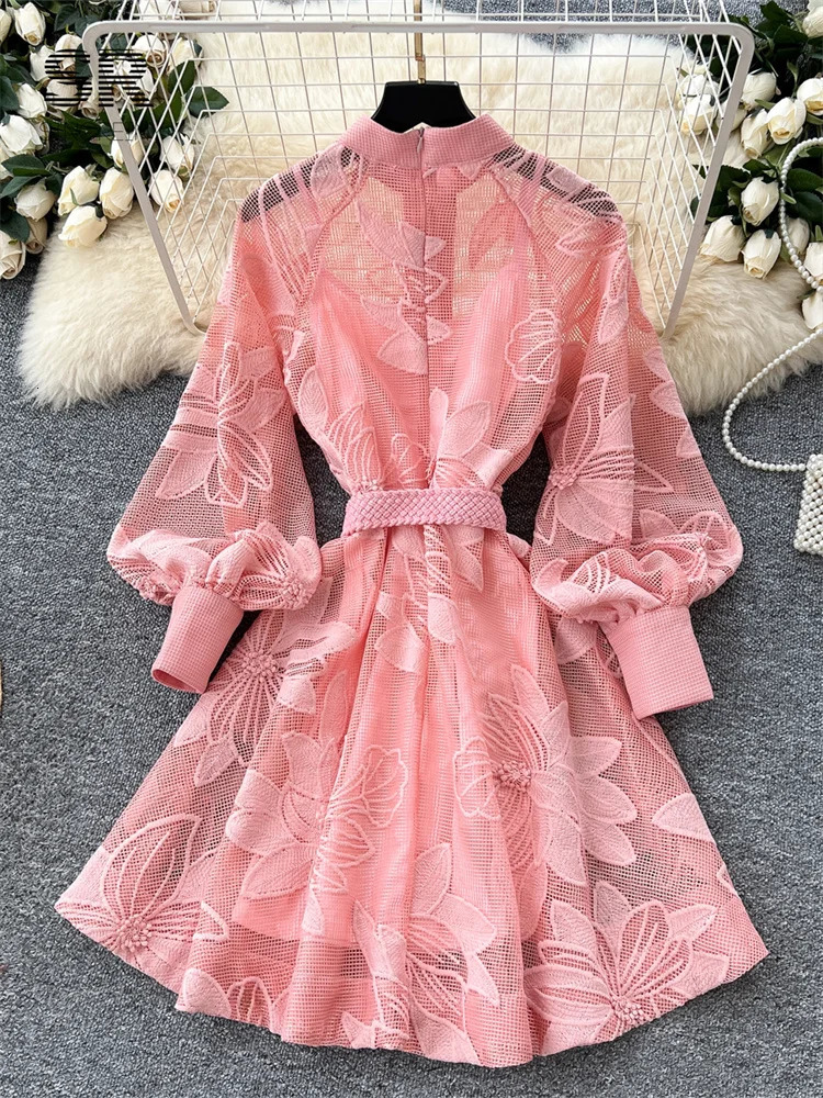 SINGREINY Women Elegant Floral Emboridery Dress Hollow Out Long Sleeve Single Breasted Belt French Court Chic Short A Line Dress 250728