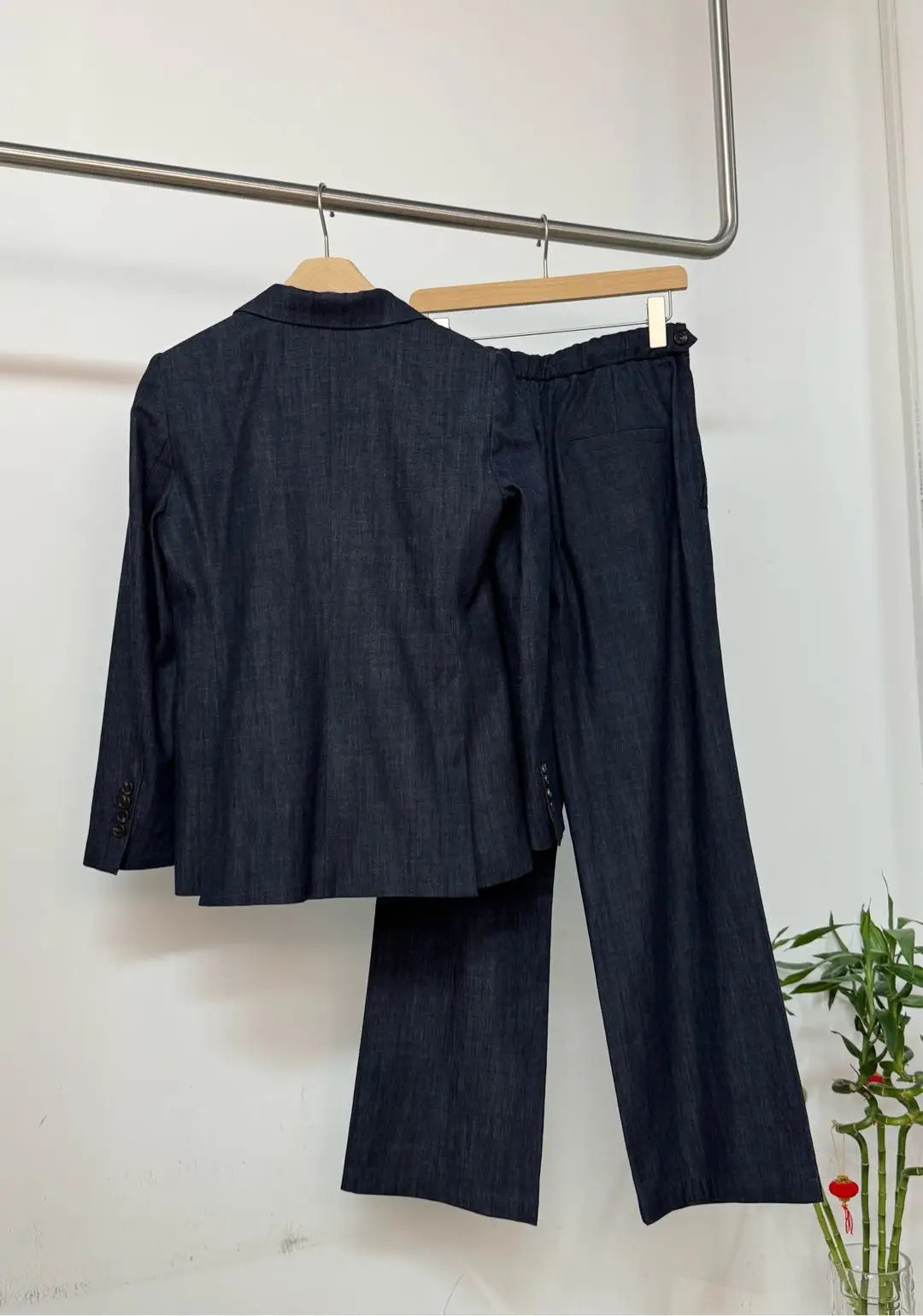 Womens Blue Cotton Denim Blazer Suit Striped Long-sleeved Jacket High Waist Straight-leg Pants 2-Piece Set 250728