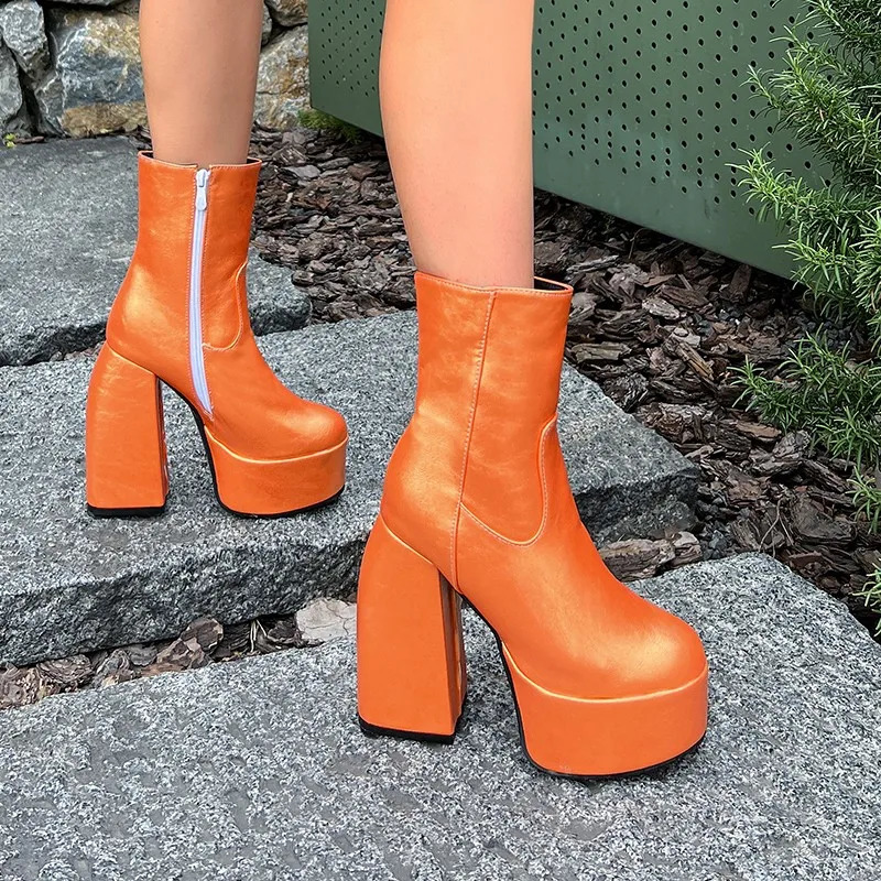 Sexy Chunky High Heels Ankle Shoes For Women Punk Style Zipper Thick Platform Green Blue Red Short Booties Plus Size 47 250801