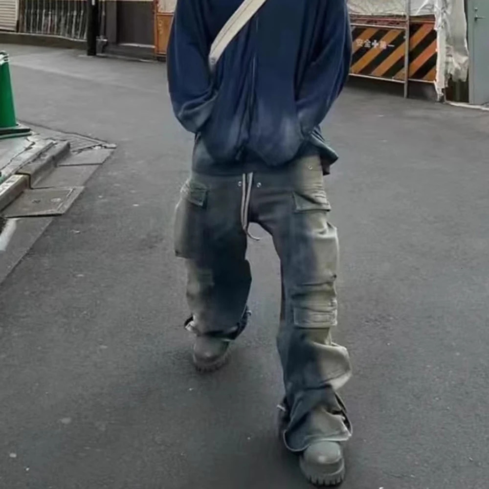 RO Style Gradient Ribbons Multi-pockets Drawstring Jeans for Men Harajuku Streetwear Baggy Y2K Denim Trousers Oversized Cargos 250805