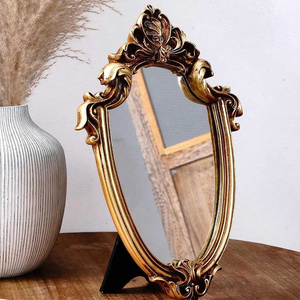Vintage Gold Patterned Mirror Decoration Table Wall Mirror with Stand for Room Bedroom Dresser Desktop Decor European Style Z250807