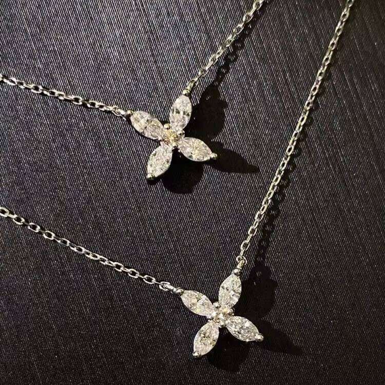 Fine Quality Clover Pendant 14k Real Gold D/VVS Clarity Marquise Moissanite for Women Fashion Jewelry Necklace Gift