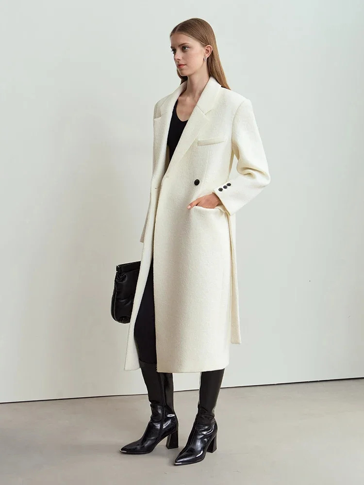 Amii minimalist winter womens suit collar full wool with belt woolen jacket shoulder pads long upper coat 12424068 250805