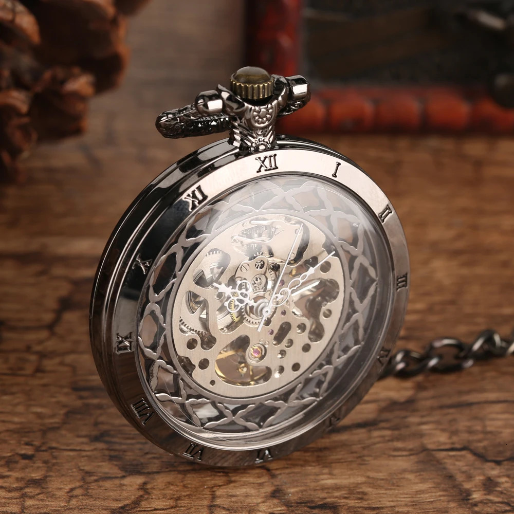 Steampunk Style Glass Transparent Hand Wind Mechanical Pocket Watch with Chain Hollow Men Watches Clock Gifts 250807