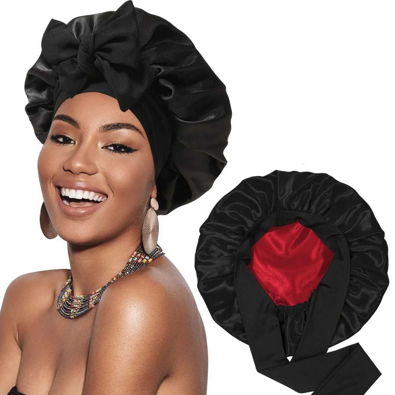 New Satin Double Layer Bonnet Solid Wide Tie Band Stretch Head Silky Bonnet Edge Wrap Nightcap Hair Care Shower Bonnet for Women Z250808