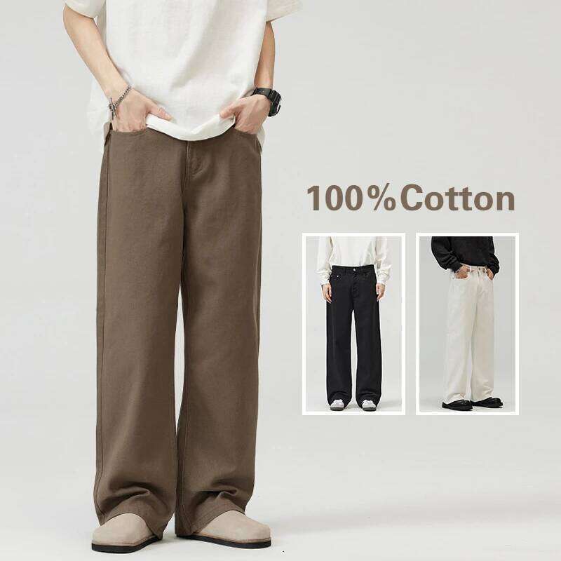 100% Cotton Men's Baggy Straight Jeans Comfortable Soft Casual Pants Fashion Korean White Brown Denim Trousers Male Clothing