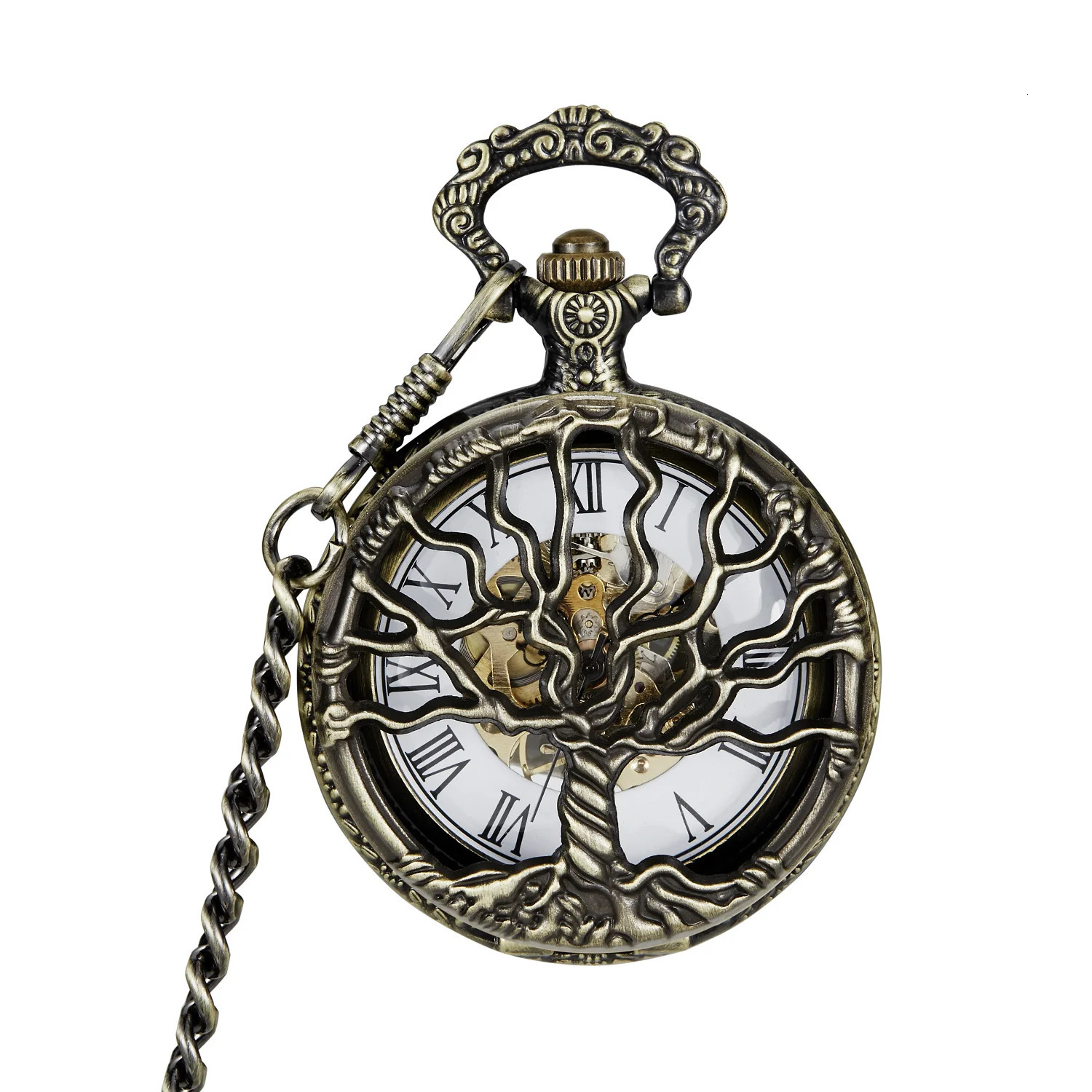 Personalised Fashion Brass Stainless Steel Tree Of Life mechanical Pocket Watch Necklace Men Women Jewelry Pendant Chain 250807