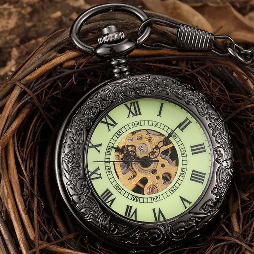 Pocket Watch with Chain for Man Mechanical Skeleton Roman Numeral Quality Engraved Clock Pocket Watches for Women Lady 250807