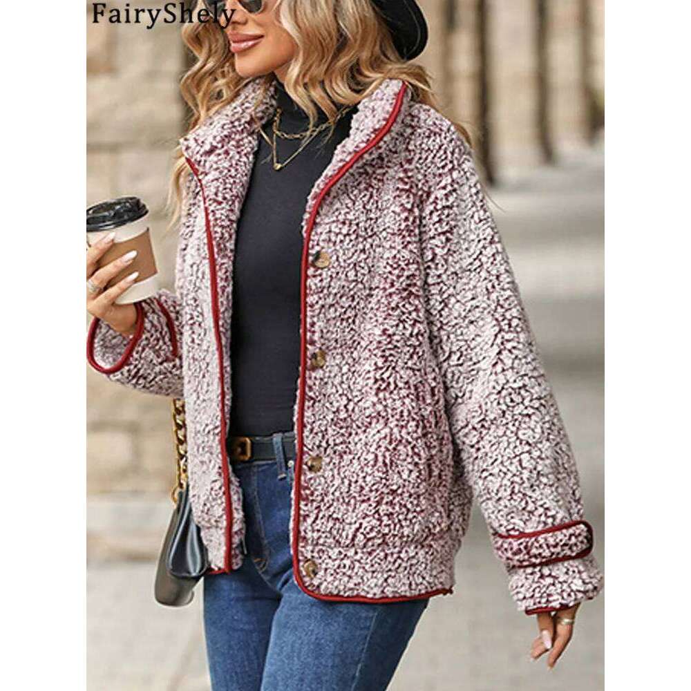 FairyShely Autumn Winter Women Pocket Jacket Thick Plush Warm Long Sleeve Ladies Single Breasted Turn Down Collar Coat