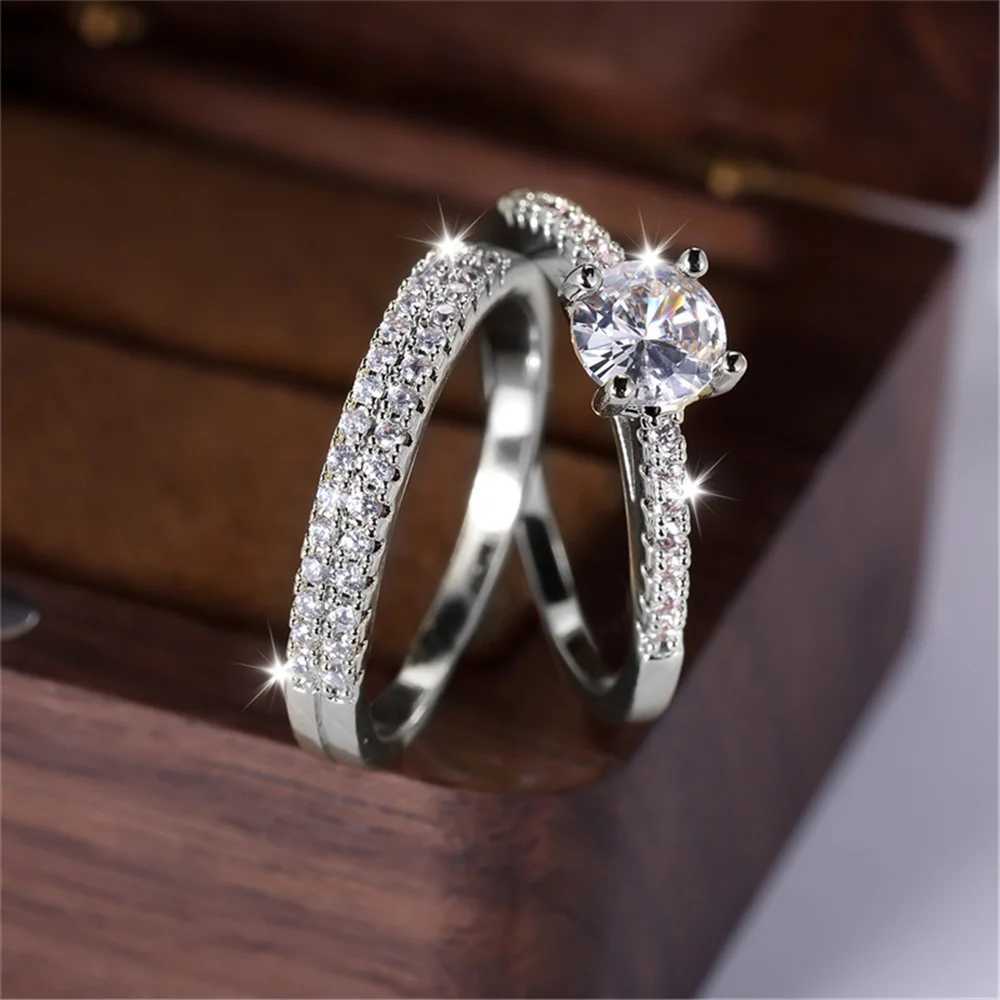2pcs Small Round White Zircon Stone Ring Set Promise Gold Color Wedding Engagement Jewelry For Women Y250808