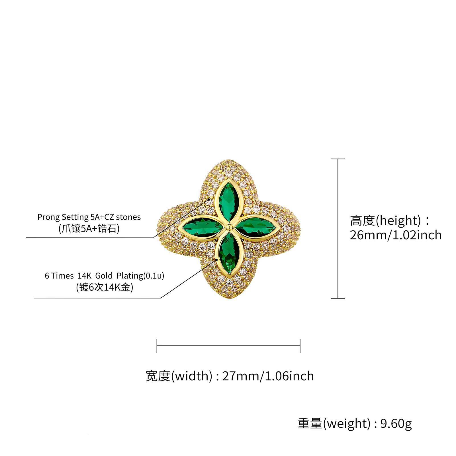 Trendy Micro Pave Inlaid Iced Shiny Dazzling Fashion Hiphop Brass Gold Plated Striking Green Flower Ring