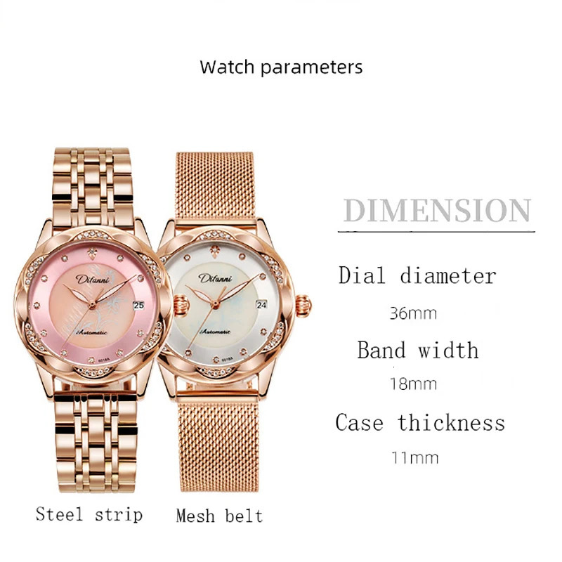 Women Mechanical Watches Automatic Crystal Diamond Wristwatch Lady Waterproof Fashion Casual Luminous Calendar Date Clock 250807