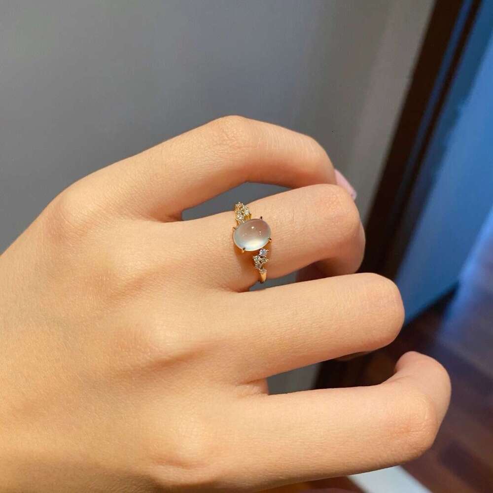 New High-End Romantic White Chalcedony Same Style Open Luxury Inlaid with Cabochon Ice Type Versatile Ring