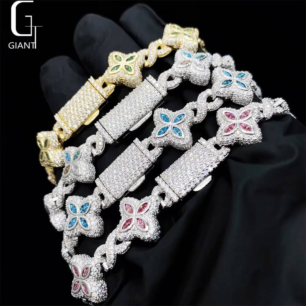 Luxury Colorful Marquise Flower Design 15mm Custom Iced Out Hip Hop Jewelry Cuban Link Chain 925 Silver VVS Moissanite Bracelet