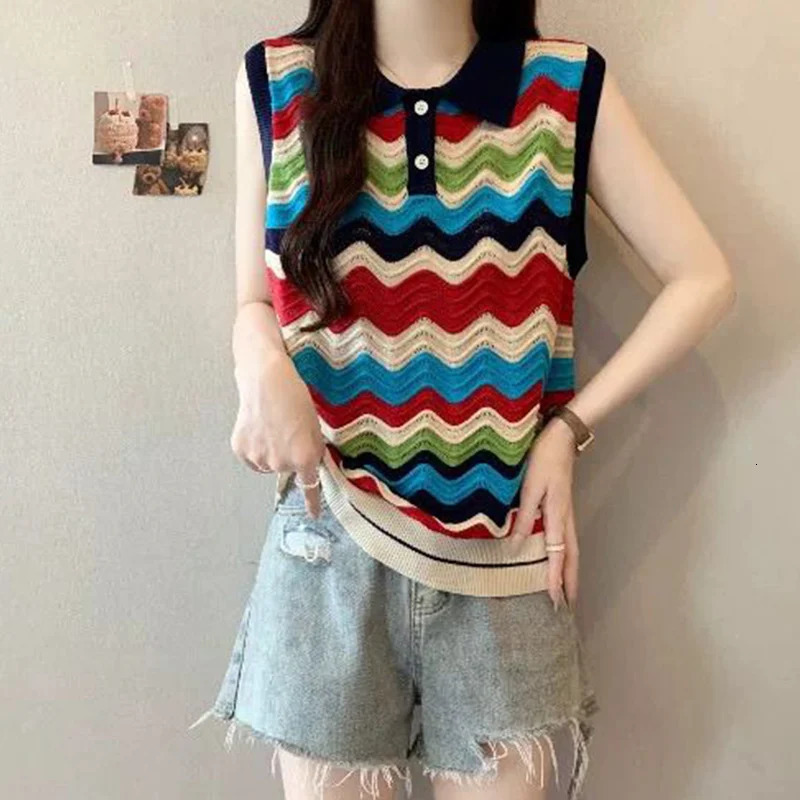 Multicolor Striped PoloNeck Tank Top 2025 Summer Oversized Fashion Patchwork Knitting Hollow Out Sweater Women Tops 250807