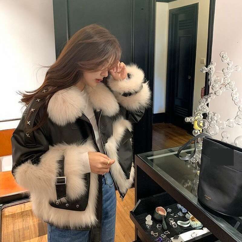 Women's Fox Patchwork Fur Motorcycle Vintage Loose Jacket fur coat