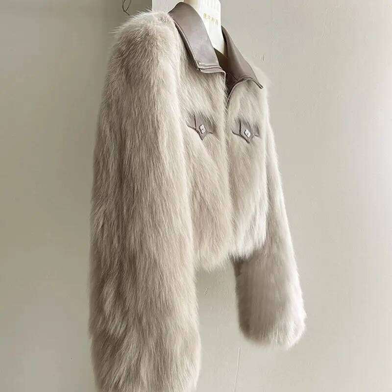 Spring and Autumn Korean Chic Polo Collar Loose Clothing Winter Coat Faux Fox Fur Plush Short Jackets Women Tops