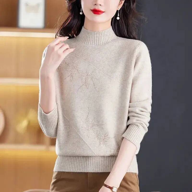 Solid Color Knitted Sweater Women's Half-High Collar New Arrival for Autumn and Winter dongdumaoyi