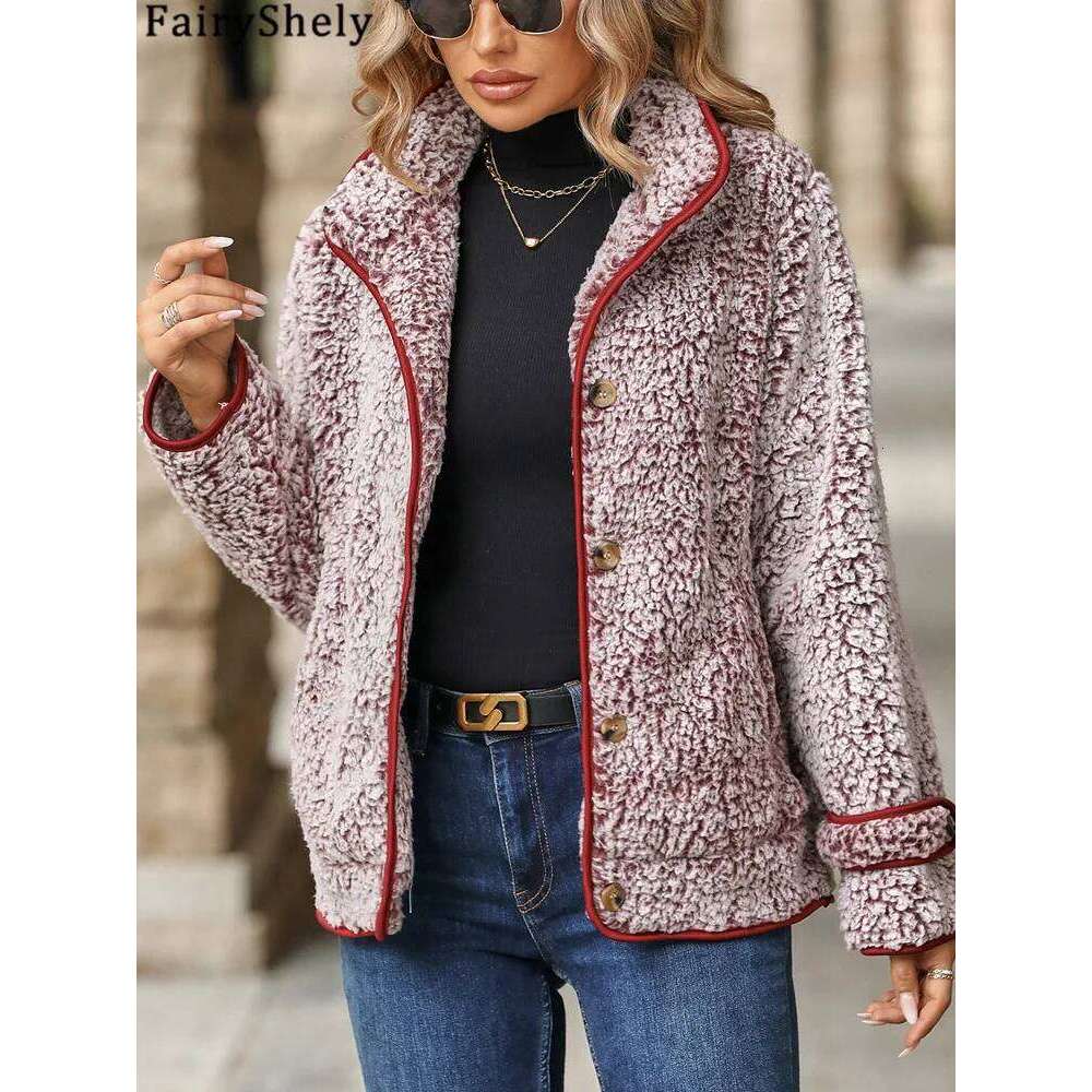 FairyShely Autumn Winter Women Pocket Jacket Thick Plush Warm Long Sleeve Ladies Single Breasted Turn Down Collar Coat