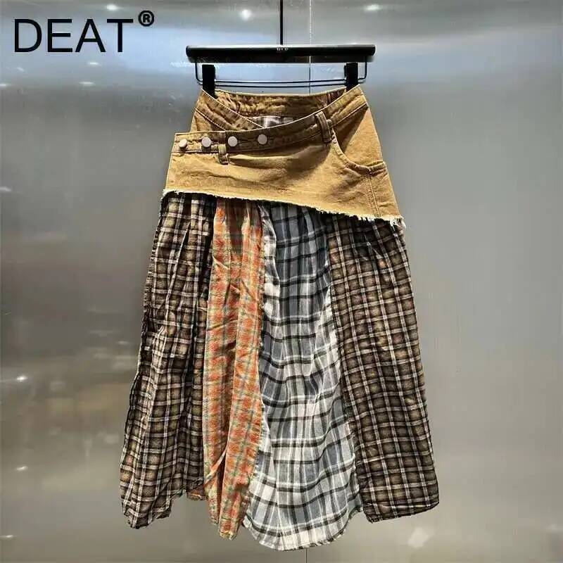 2025 Summer New Women's DEAT Women's Fashion Checkered Cowboy Patch Contrast Color fashion Skirt Spring New Casual A-line Skirt Female New D