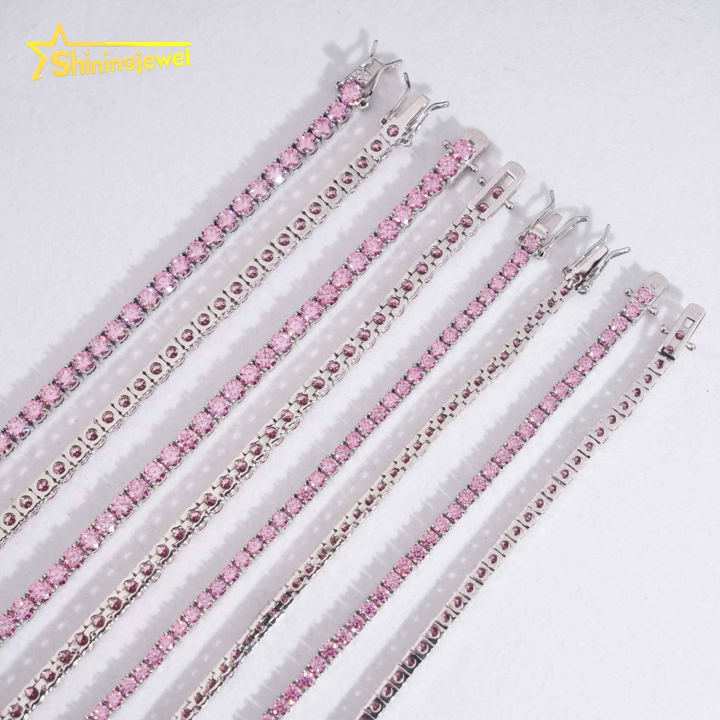 Pass Diamond Tester Pink Moissanite Tennis Necklace Bracelet 3mm 4mm Colorful Tennis Chain 925 Sterling Silver Fine Jewelry