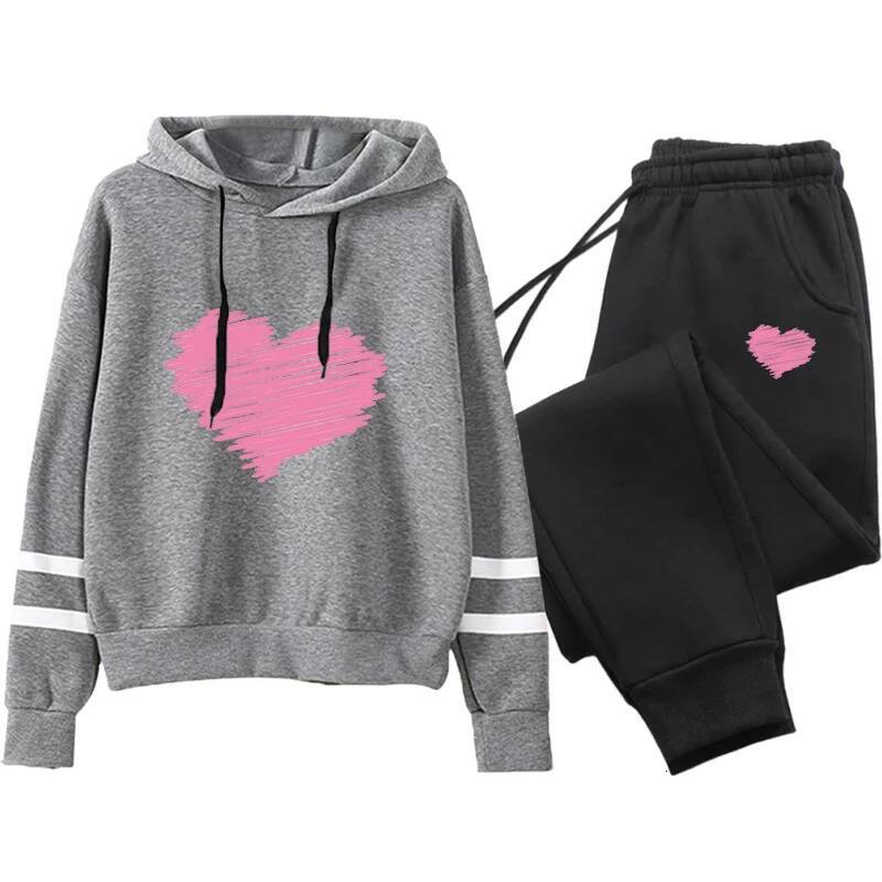 Cute Heart Printed Hoodies Sweatpants Woman Daily Casual Sports Jogging Suit Home Outdoor Comfort Warm Outfit Women's Clothes dongdumaoyi