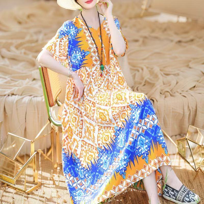 plus size women's new long sleeve high waist printed banquet dress mid-length skirt D02469