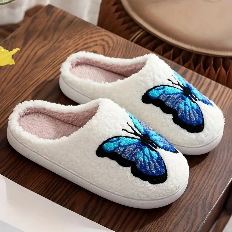 Lucyever Butterfly Embroidery Plush Woman Slippers Non Slip Soft Home Slides Shoes Women Winter Comfy Warm Cotton Shoes Female 250730