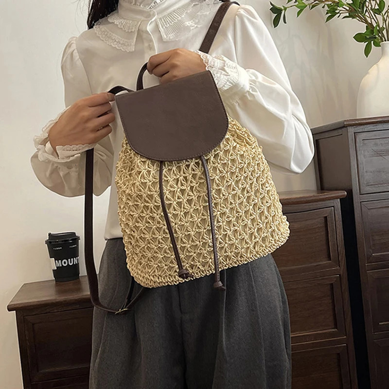 Vintage Straw Backpack Womens Fashion Shoulder Bag Versatile Straw Woven PU Leather Elegant er Backpack 250807
