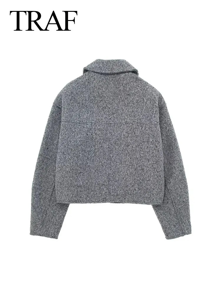 TRAFZA Womens Cropped Jacket Vintage Grey Outerwear Long Sleeve With Pocket Zipper Faux Fur Coat Fashion Womens Clothing 250806