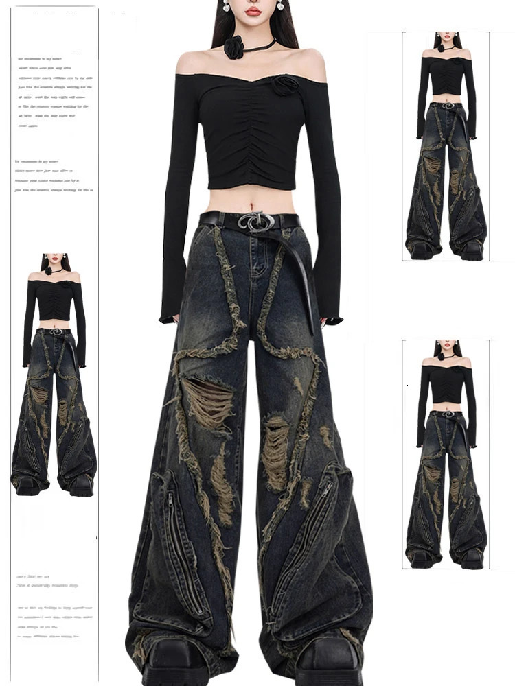 Women Black Gothic Cargo Jeans Harajuku Y2k Japanese 2000s Style Aesthetic Emo Denim Trousers Jean Pants Vintage Trashy Clothes 250804