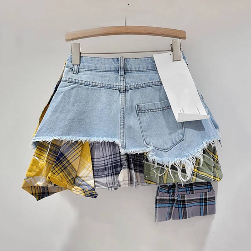 2025 Summer New Women's DEAT Grid Patch Irregular Design Mini Cowboy Skirt Women's High Waist Mini A-line Skirt Summer Fashion L trend H New