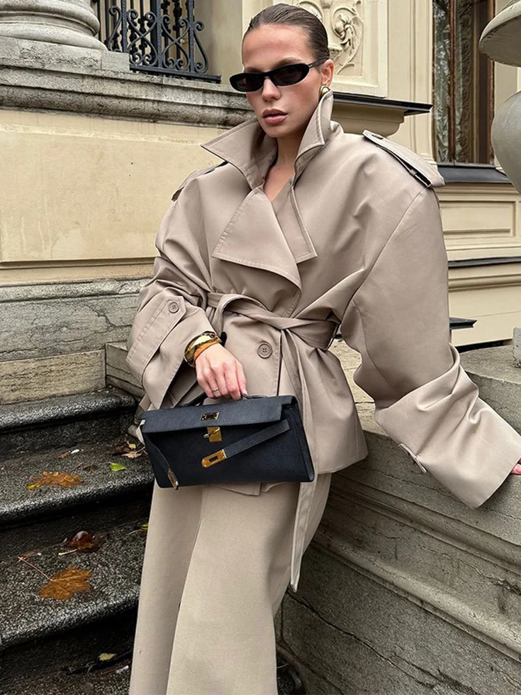 Casual Loose Jackets Women Lapel Long Sleeves Belt Double Breasted Short Windbreaker 2025 Spring Fashion Chic Streetwears Lady 250728