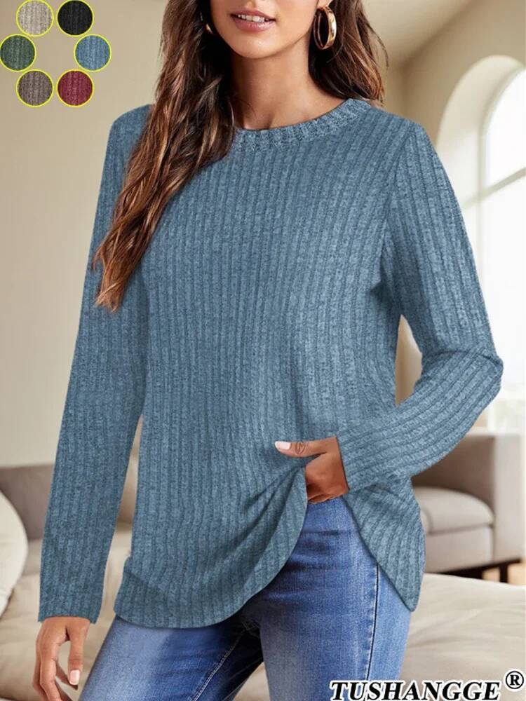 2024 Autumn Women Round Neck Long Sleeved Pit Stripe Pullovers Solid Color Lightweight Ladies Sweaters Comfortable Woman Clothes dongdumaoyi