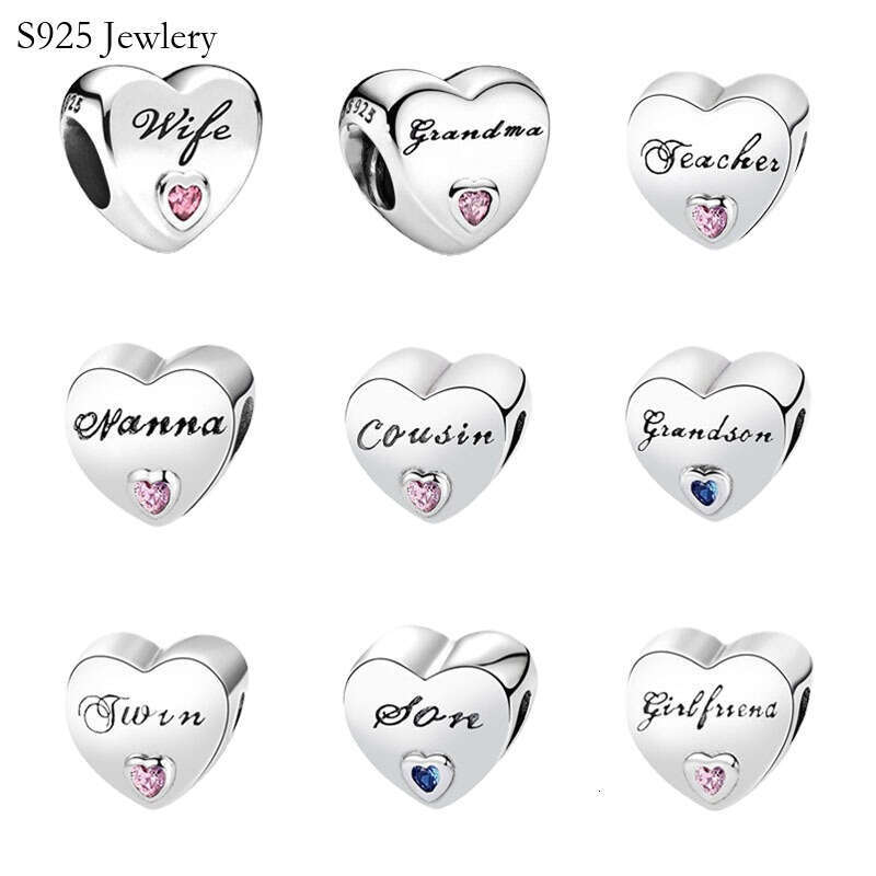 New Popular 925 Sterling Silver European Heart-Shaped Wife Grandma Twin Girlfriend Beaded Fit S925 Snake Charm Bracelet DIY Women's Jewelry