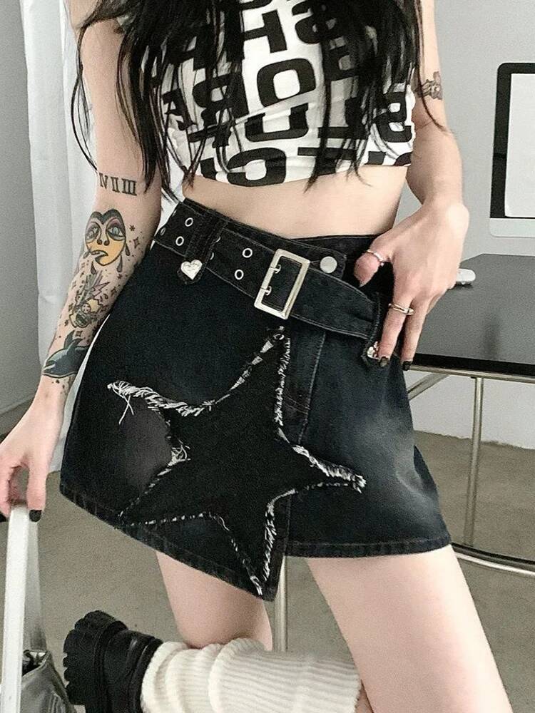 2025 Summer New Women's Zoki Retro Star Y K Cowboy Skirt High Waist Harajuku Belt Black Mini American Street Wear fashion Gothic Designer
