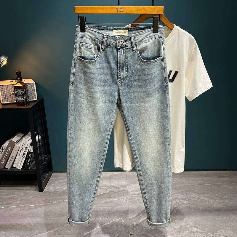 LB8518 Light trend embroidery jeans men's Slim small feet new tide elastic leisure hundred trousers