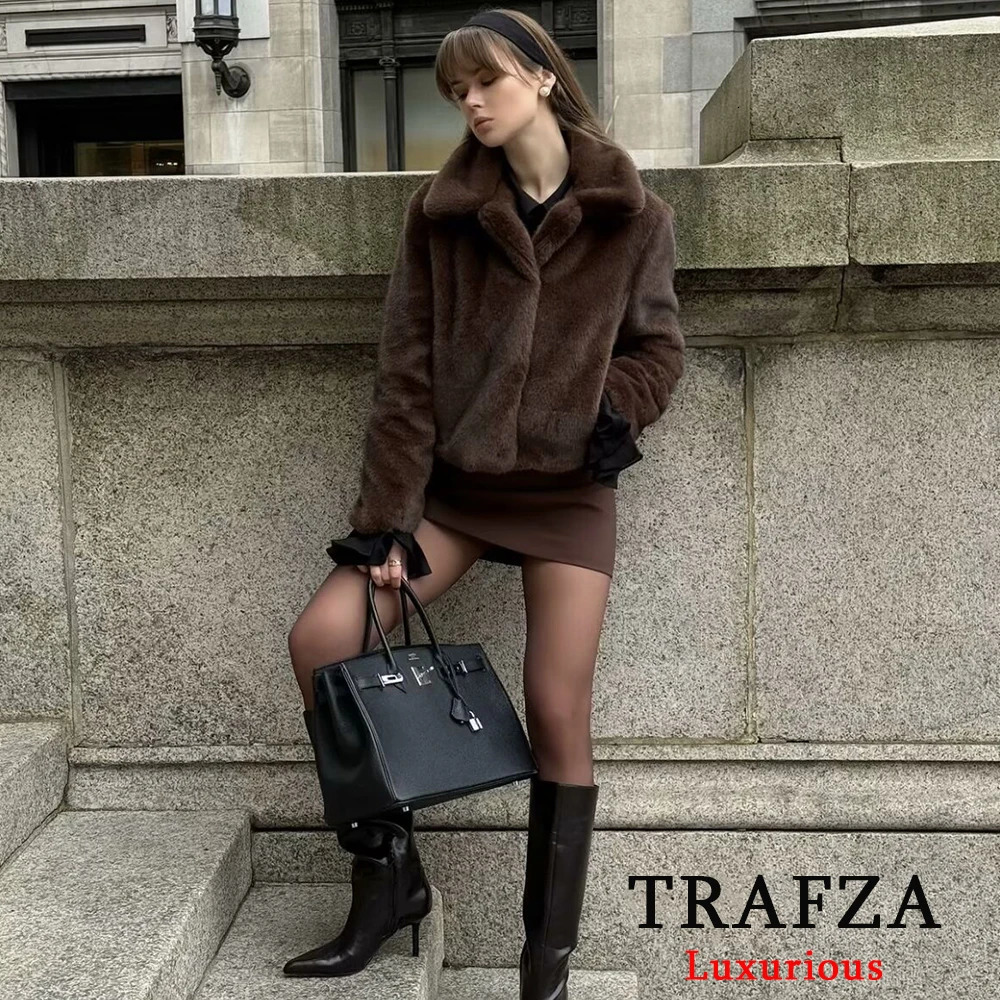 TRAFZA Vintage Causal Faux Fur Jackets Women Long Sleeve Loose Buttons Coats Fashion Spring Brown Fur Coats Elegant Outwear 250806