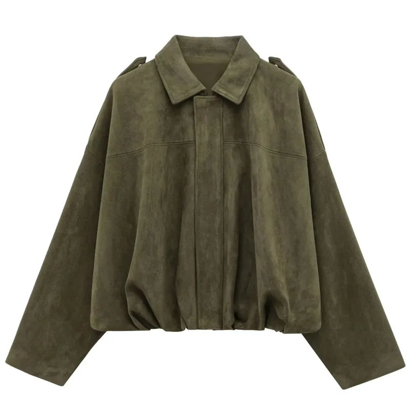 TRAF Spring Women Jacket Suede Zipper Bomber Outerwears Loose Fashion Vintage Black Green Coat Casual Streetwear 250805