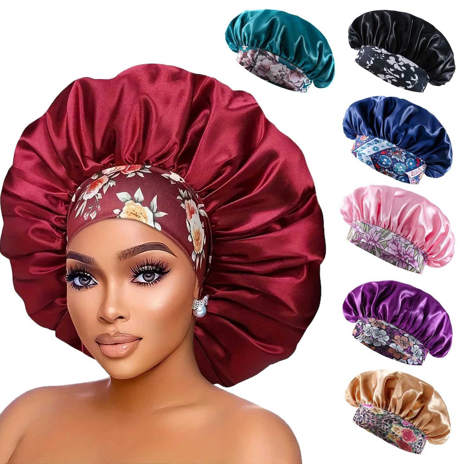 Womens Fashion Bonnet Flower Printed Hair Hat with Wide Edge Elastic Silk Smooth Satin Face for Daily Home Sleep Hat Z250808