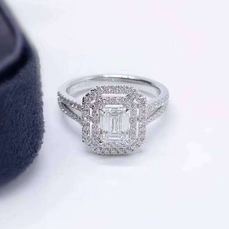 A White Gold 1CT Emerald Cut Moissanite Centre Gem with Double Halo Wedding Ring Women