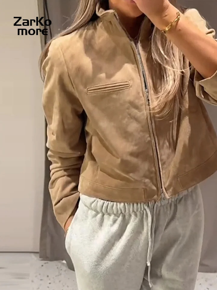 Fashion Womens Short Suede Jacket Loose Green Lapel Zipper Long Sleeve Bomber Coat Spring Lady High Street Outwears 250805