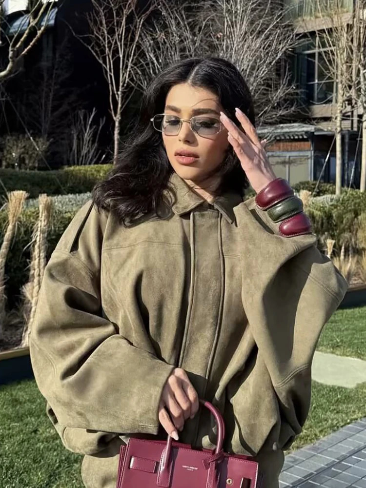 Oversize Women Soft Suede Jackets Fashion Ladies Casual Loose Army Green Outfits for Jogging Female Chic Jacket Clothes 250805