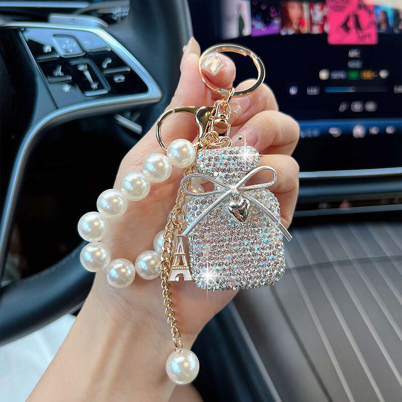Korean Version New Inlaid Diamond Bow Keychain Imitation Pearl Gradient Color Perfume Bottle Bag Fashion Pendant